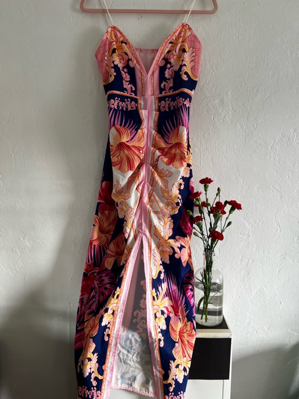 SHEIN Navy and Pink Floral Midi Dress with Spaghetti Straps